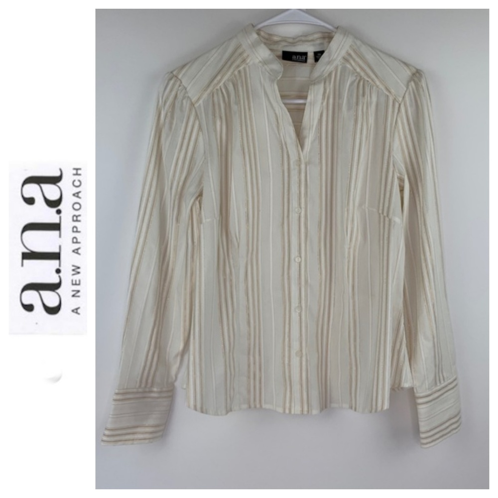 a.n.a Button Down Blouse Gold and Cream Petite M